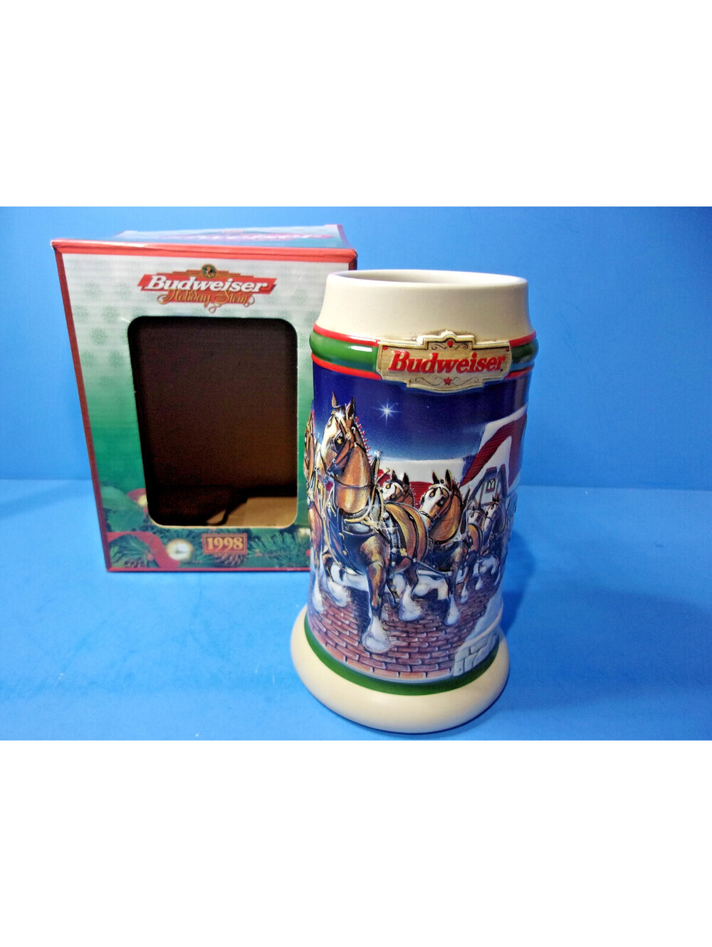 Vintage Budweiser 1998 Stein Grant's Farm Holiday Clydesdale Beer Mug in Box